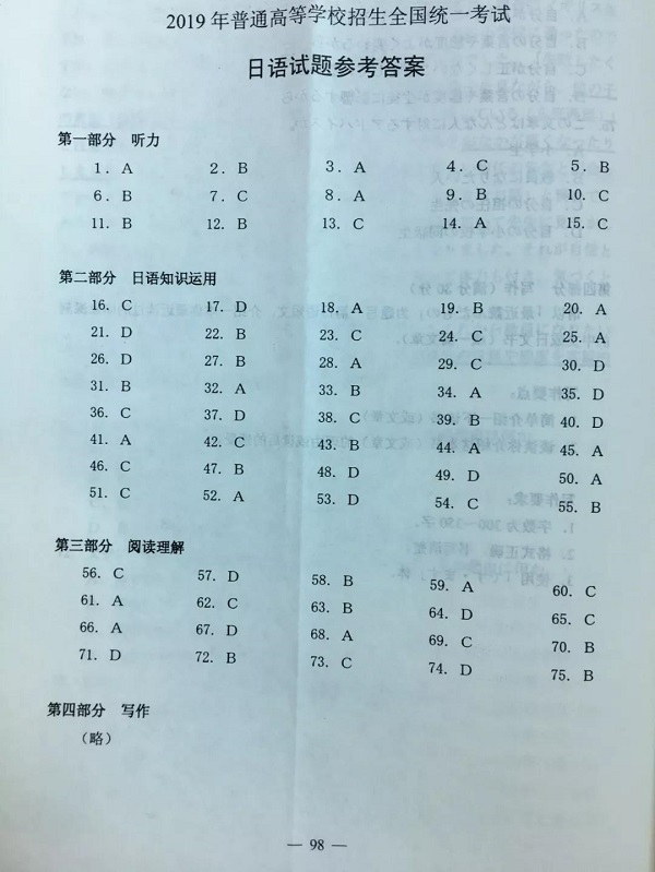 2019年高考日语真题答案（全国1卷）