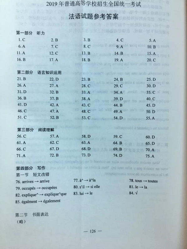2019年高考法语真题答案（全国1卷）